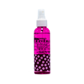 A pink and purple polka dot spray bottle with a white spray nozzle, shown against a plain white background.