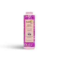 Fiabla Essence Exfoliating Hand & Face Powder in a pink bottle with a floral rose pattern, on a white background.