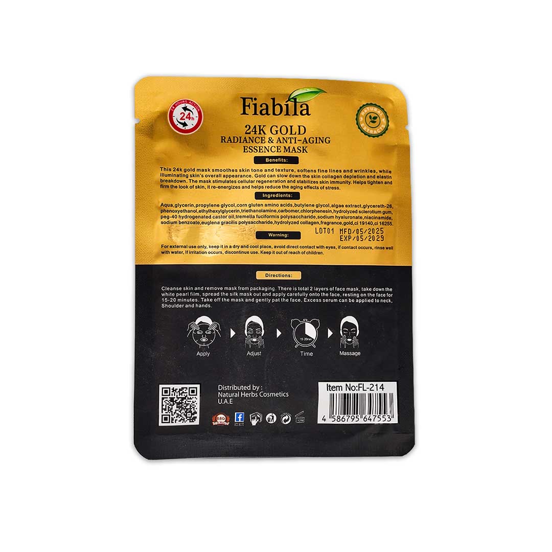 Fiabila 24K Gold Radiance & Anti-Aging Sheet Mask packaging on a white background