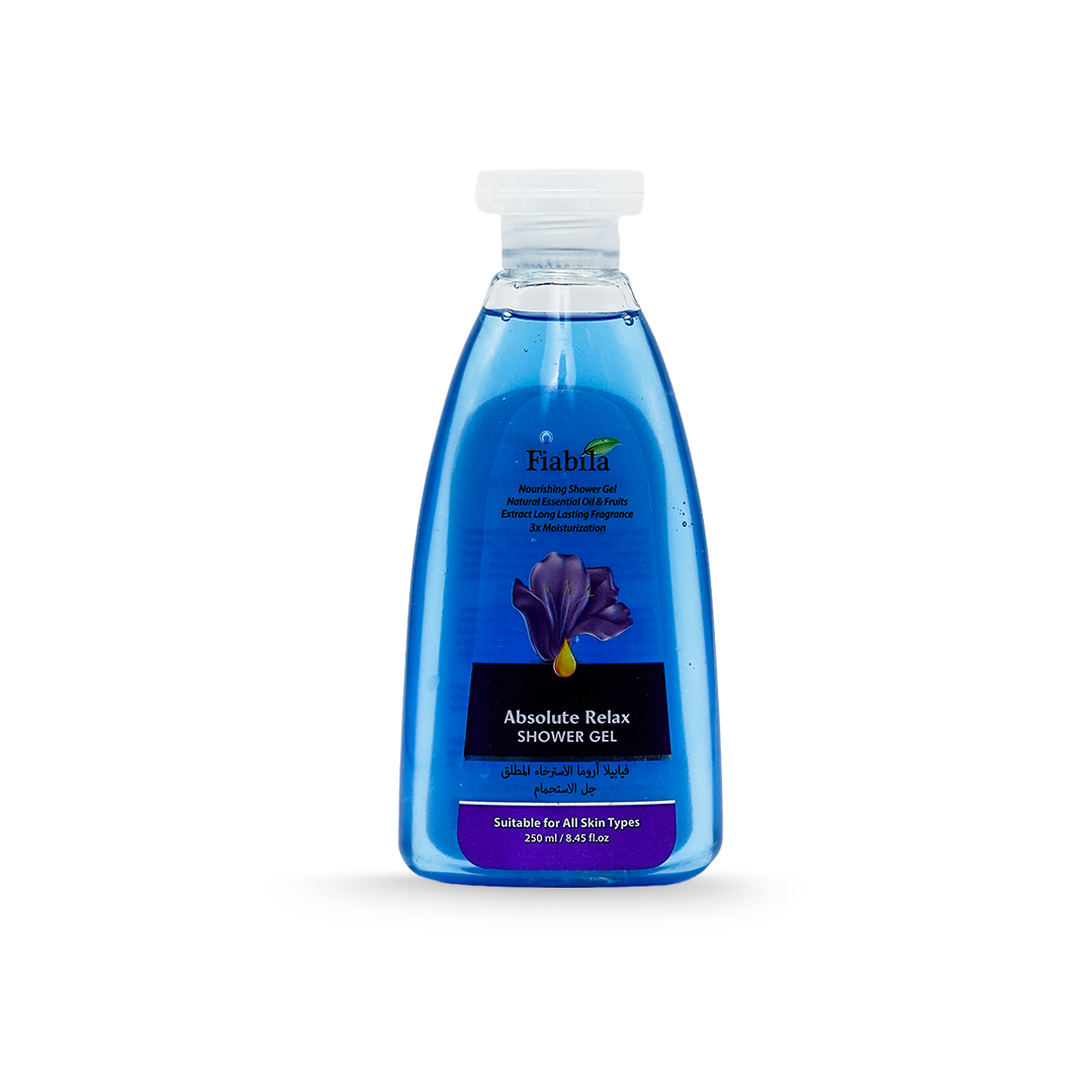 Blue bottle of Fialbia Absolute Relax Shower Gel on a white background