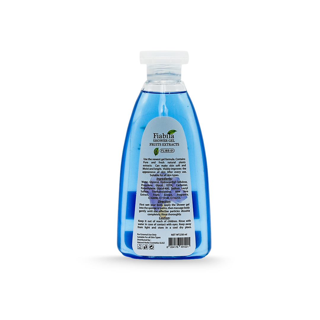Blue bottle of Fitch shower gel on a white background