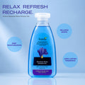 Fiabila Absolute Relax Shower Gel in a 250 ml clear bottle filled with bright blue gel, set against a light blue background with promotional text and circular callouts.