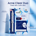 Fiabila Acne Clear Duo skincare set featuring a silver and blue pen-style treatment and a blue face mask packet, displayed on a clean light blue background with marketing text and callout labels.