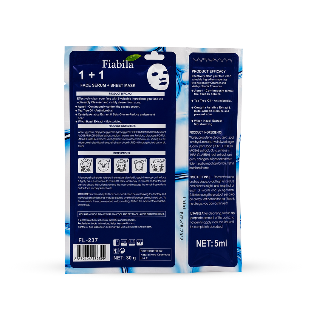 The back of a Fiabila '1+1' Face Serum + Sheet Mask packet, showing product details, ingredients, and instructions on a white background.