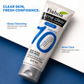 A tube of Fiabila acne clear face wash is shown diagonally on a split white and dark blue background with marketing text overlays highlighting its deep cleansing and acne care benefits.