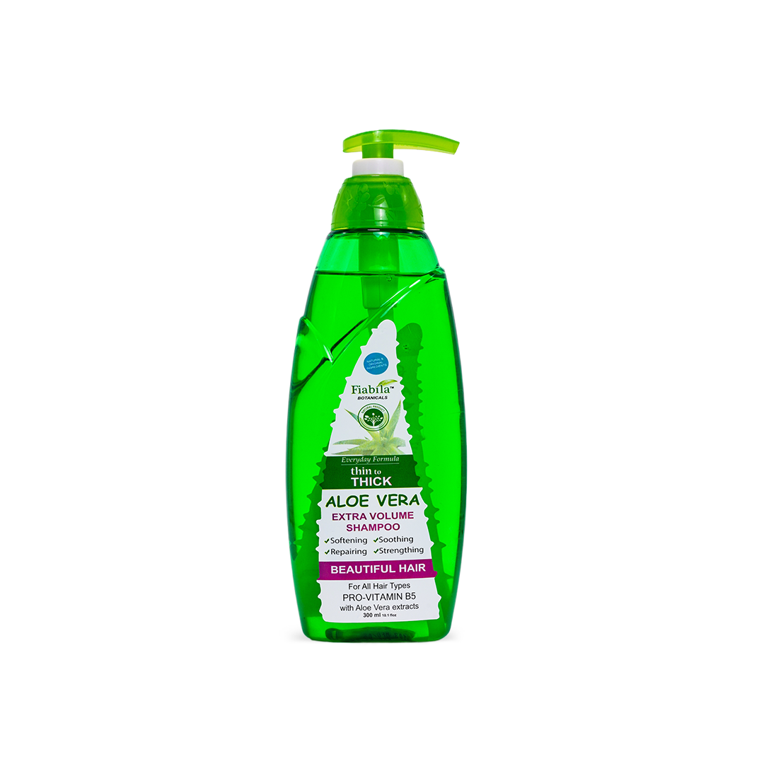 Green bottle of Fubila Aloe Vera shampoo with pump on a white background