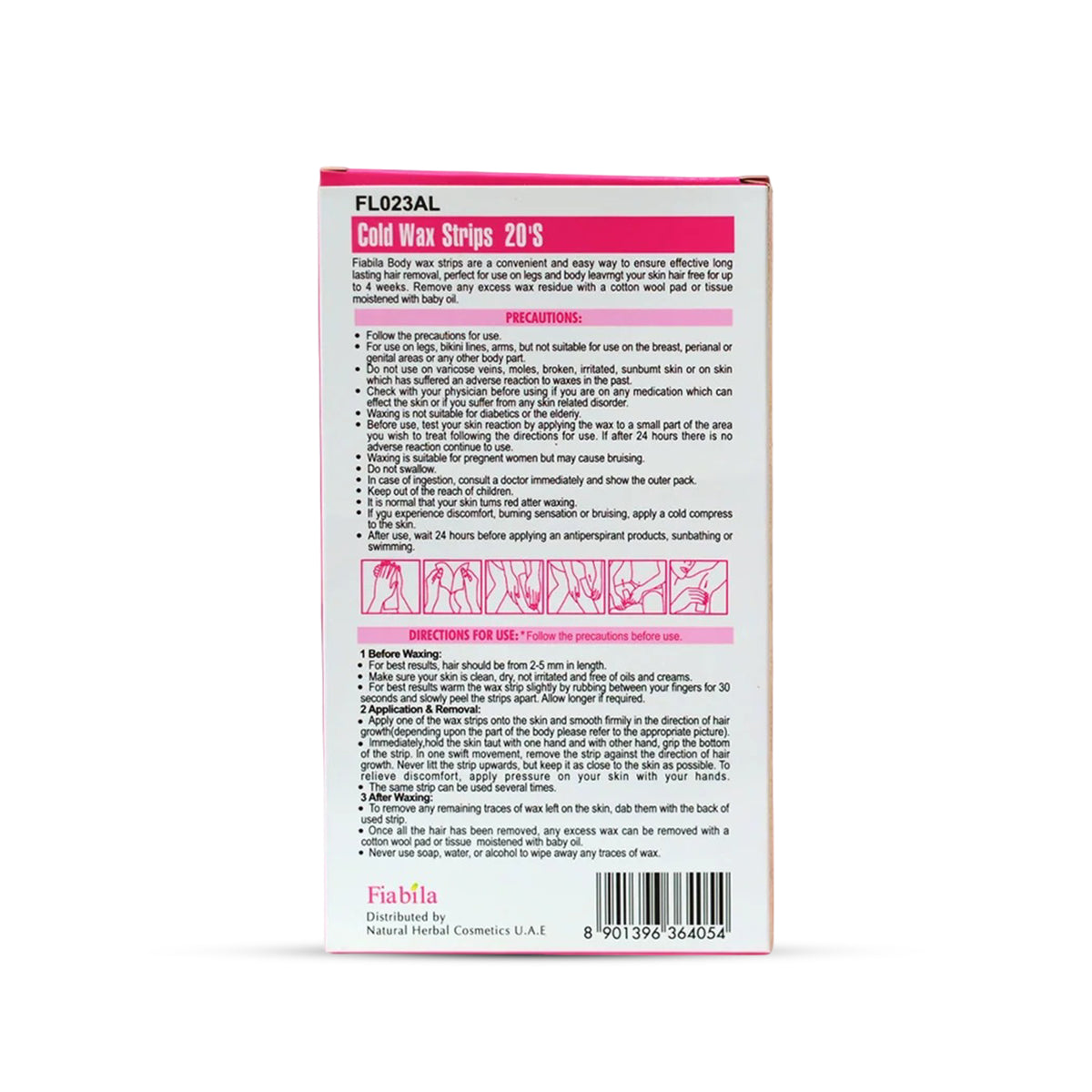 The back of a Fiabila Cold Wax Strips 20 S box, showing product information, precautions, usage instructions with illustrations, and a barcode on a white background.