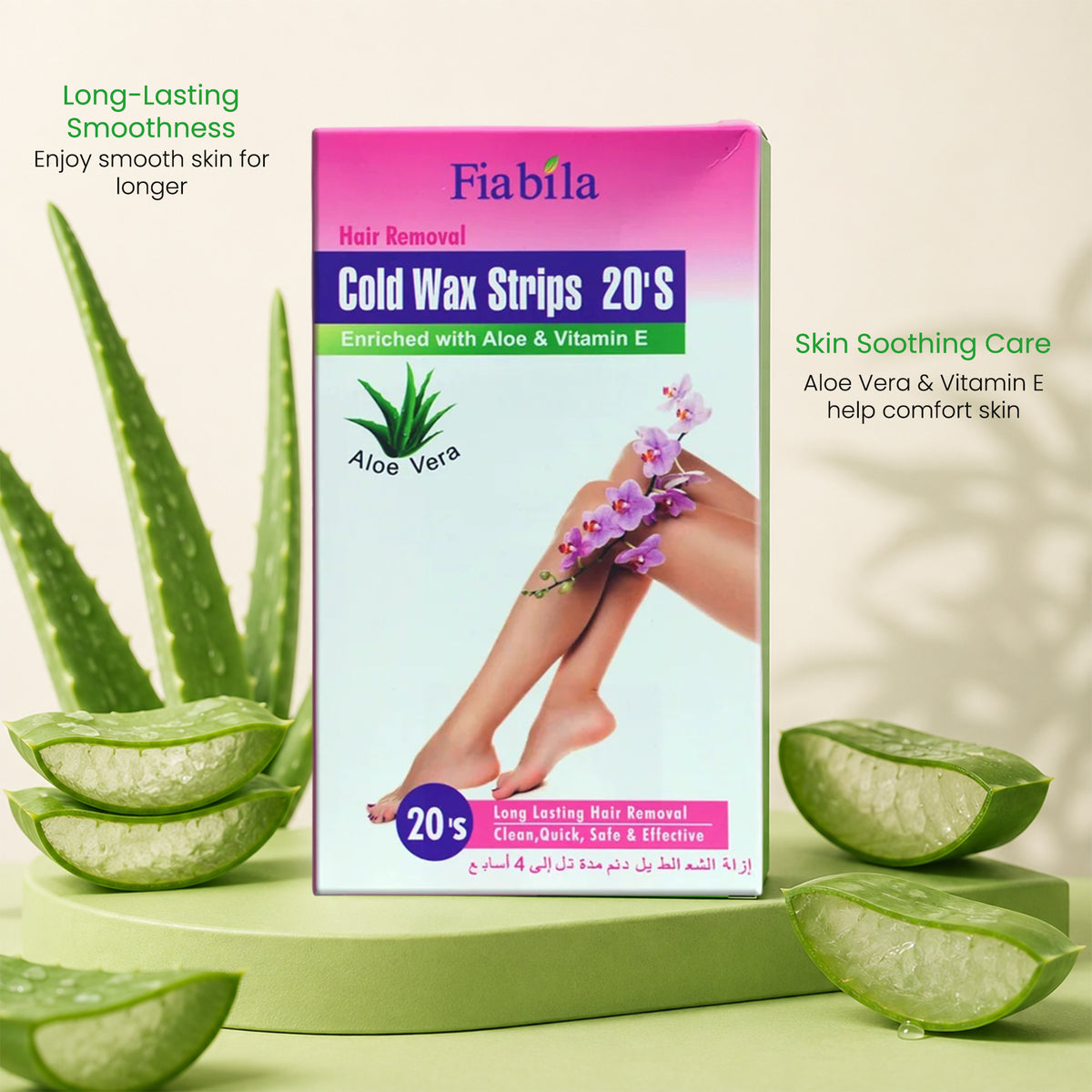 Fiabila Cold Wax Strips Hair Removal box shown on a light beige background with aloe vera slices and a model's legs printed on the packaging. Green marketing text highlights long-lasting smoothness and skin soothing care.