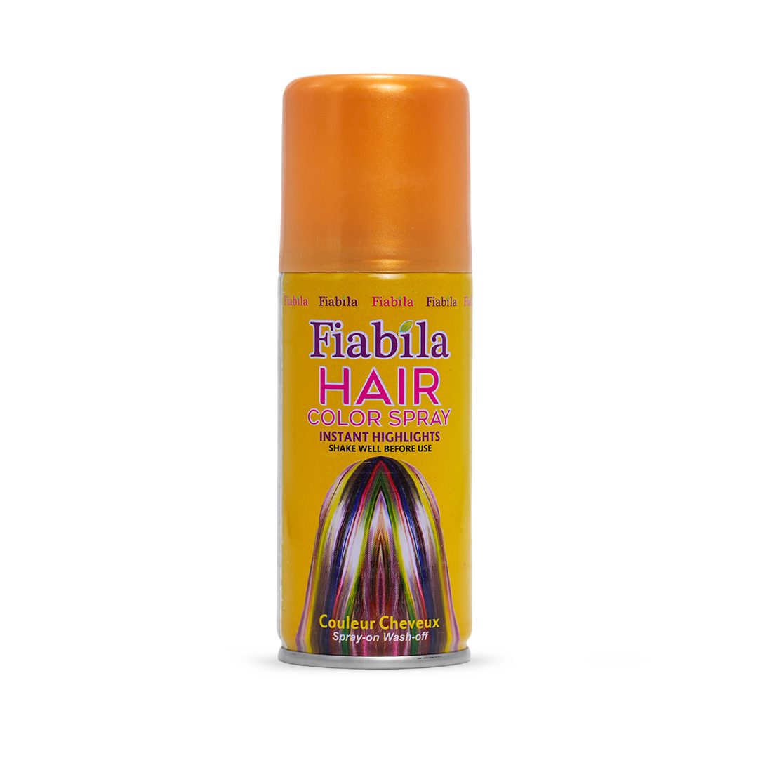 A can of Fiabila Hair Color Spray in the shade 'Setton Wash-off' (Orange). The product is shown on a clean white background, featuring a bright orange cap and a yellow label with purple and pink text.