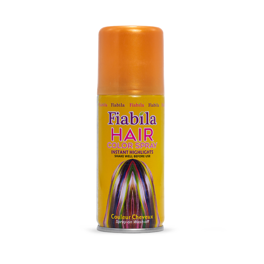 A can of Fiabila Hair Color Spray in the shade 'Setton Wash-off' (Orange). The product is shown on a clean white background, featuring a bright orange cap and a yellow label with purple and pink text.