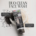A tube of Fiabila Duo Clean Face Wash is displayed diagonally on a white background, surrounded by scattered black rice grains on the left and white rice grains on the right, with a small white dish holding the grains. Text overlays describe the ingredients and benefits of the face wash.