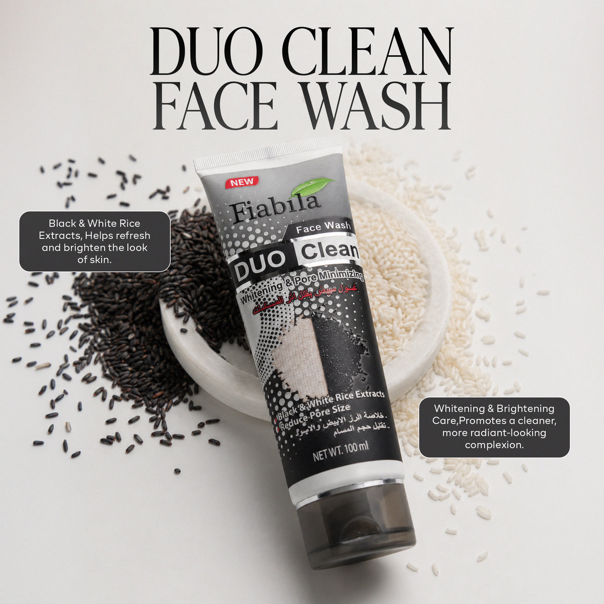 A tube of Fiabila Duo Clean Face Wash is displayed diagonally on a white background, surrounded by scattered black rice grains on the left and white rice grains on the right, with a small white dish holding the grains. Text overlays describe the ingredients and benefits of the face wash.