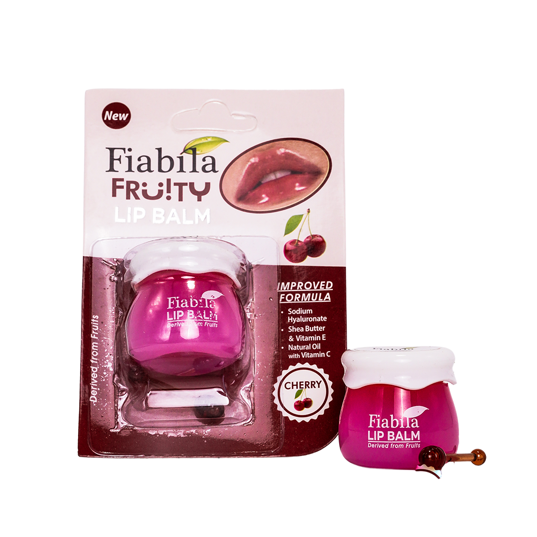 Fiabila Fruity Lip Balm in Cherry flavor, shown both in its retail blister packaging and as an open jar with a cherry on a white background.