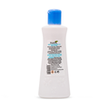 A white bottle of Babia Dry & Dehydrated All skin care product with a blue cap, shown from the back on a white background.