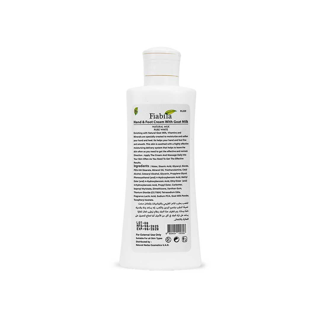 A white plastic bottle of Flabba Hand & Foot Cream with Goat Milk, showing the back of the bottle with product details, text, and a barcode on a plain white background.