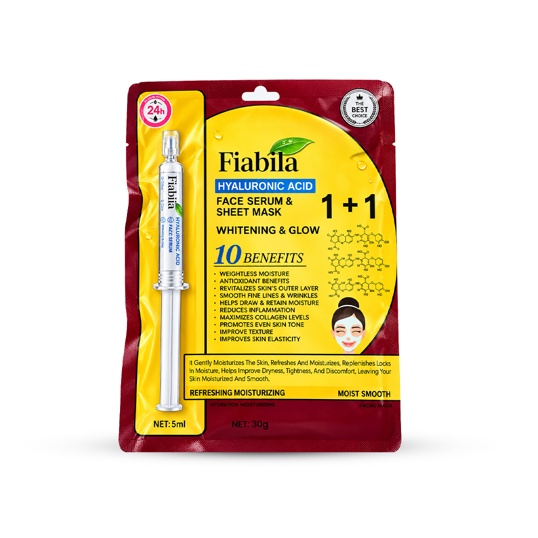 Fiabila Hyaluronic Acid Face Serum & Sheet Mask 1+1 pack, featuring a yellow and dark red blister card with a white and silver sheet mask applicator tube, shown on a plain white background.