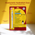 Fiabila Hyaluronic Hydration Duo face serum and sheet mask set in red and yellow packaging, displayed on a warm yellow background with promotional text and callouts.