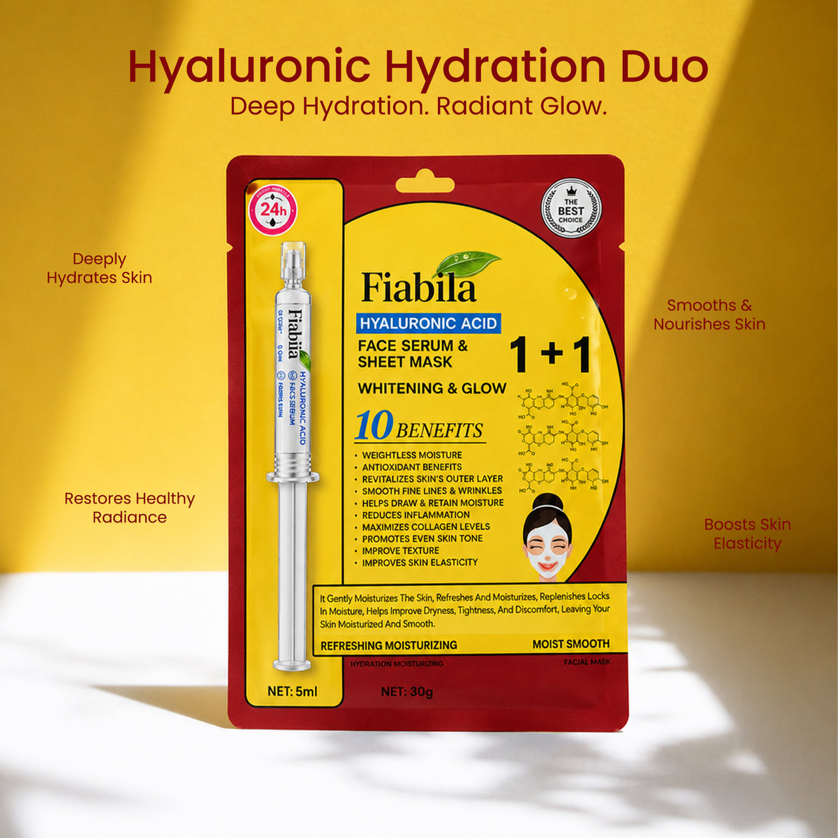 Fiabila Hyaluronic Hydration Duo face serum and sheet mask set in red and yellow packaging, displayed on a warm yellow background with promotional text and callouts.
