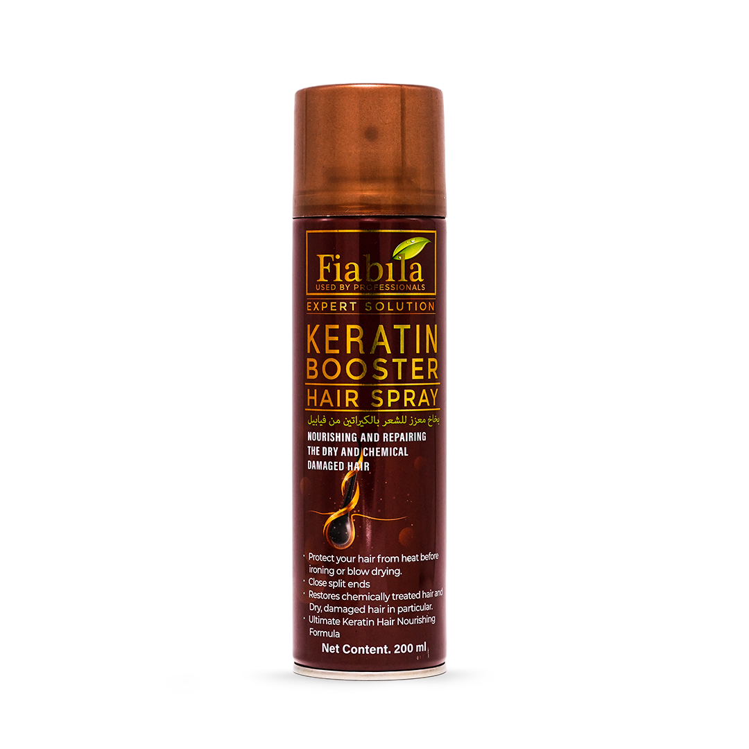 A 200 ml can of Fiabila Keratin Booster Hair Spray, featuring a metallic copper-brown cap and a dark brown label with gold and white text, set against a plain white background.