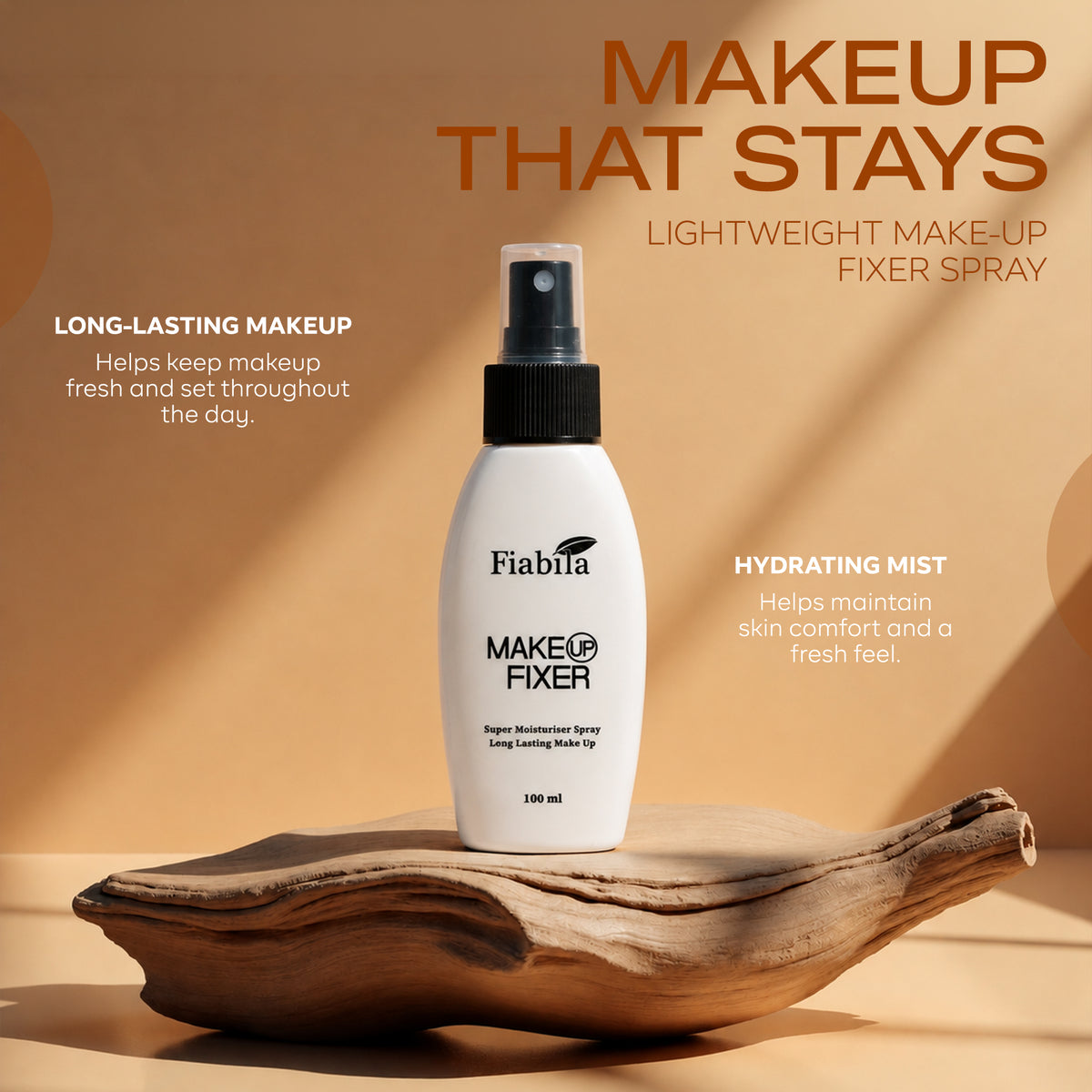 Fiabila Makeup Fixer Spray bottle displayed on a wooden tray against a warm beige background with promotional text overlays.