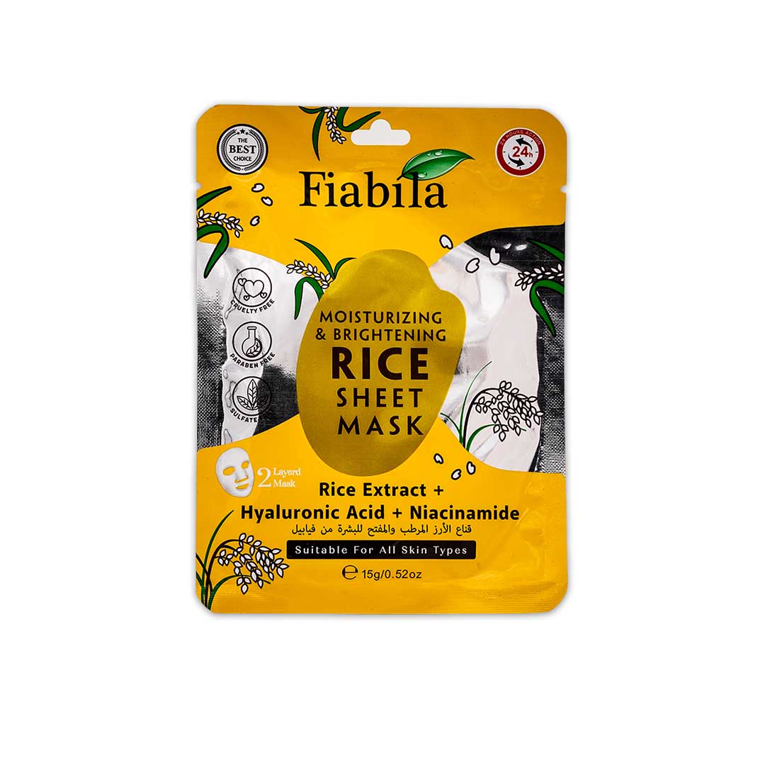 Fiabila rice sheet mask packaging on a white background