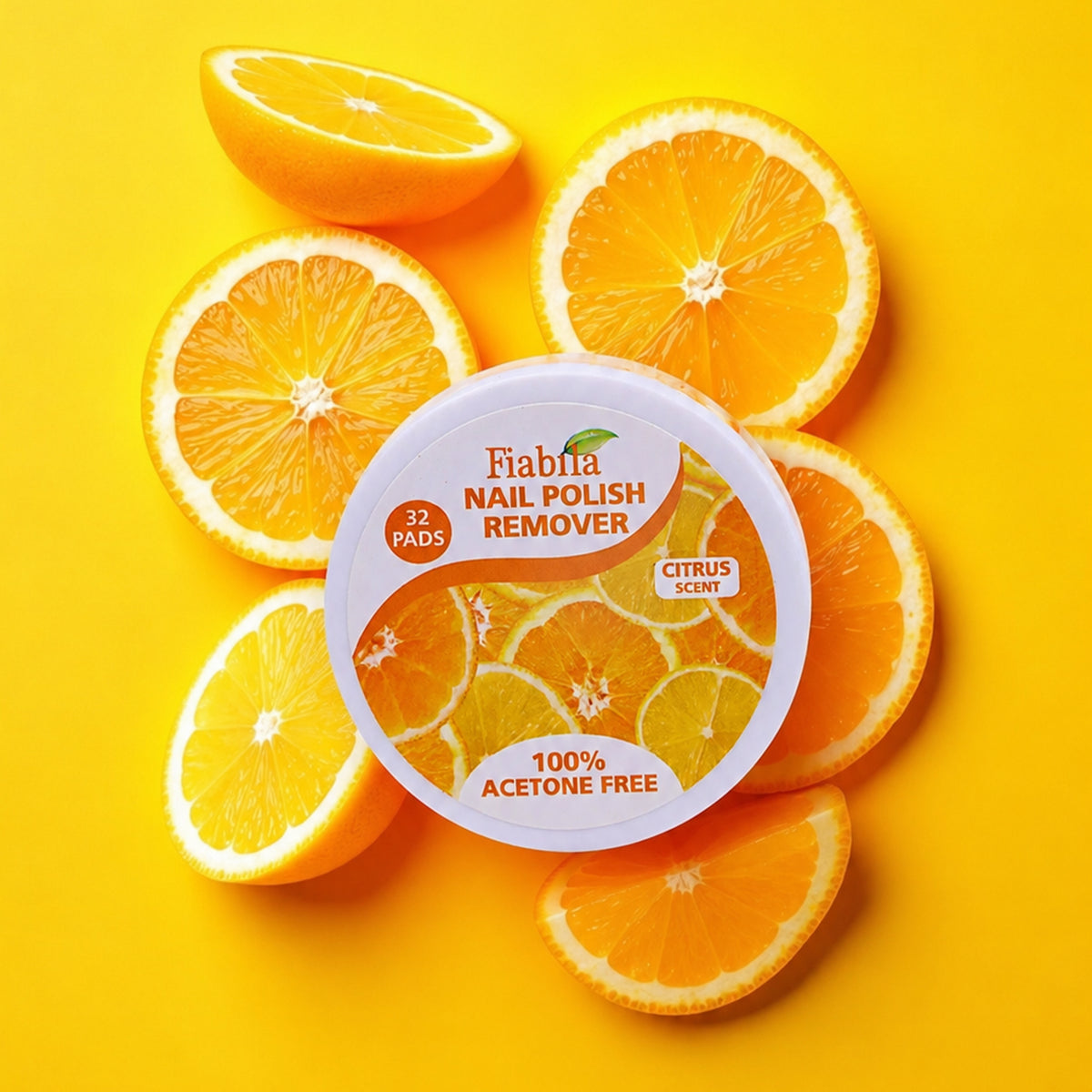 A round container of Fiabria Nail Polish Remover in a citrus scent, surrounded by fresh sliced oranges on a bright yellow background.