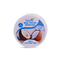 A round white plastic container of Fiabila Nail Polish Remover in Coconut Scent, featuring a label with a coconut graphic and text indicating 32 pads and acetone-free formula.