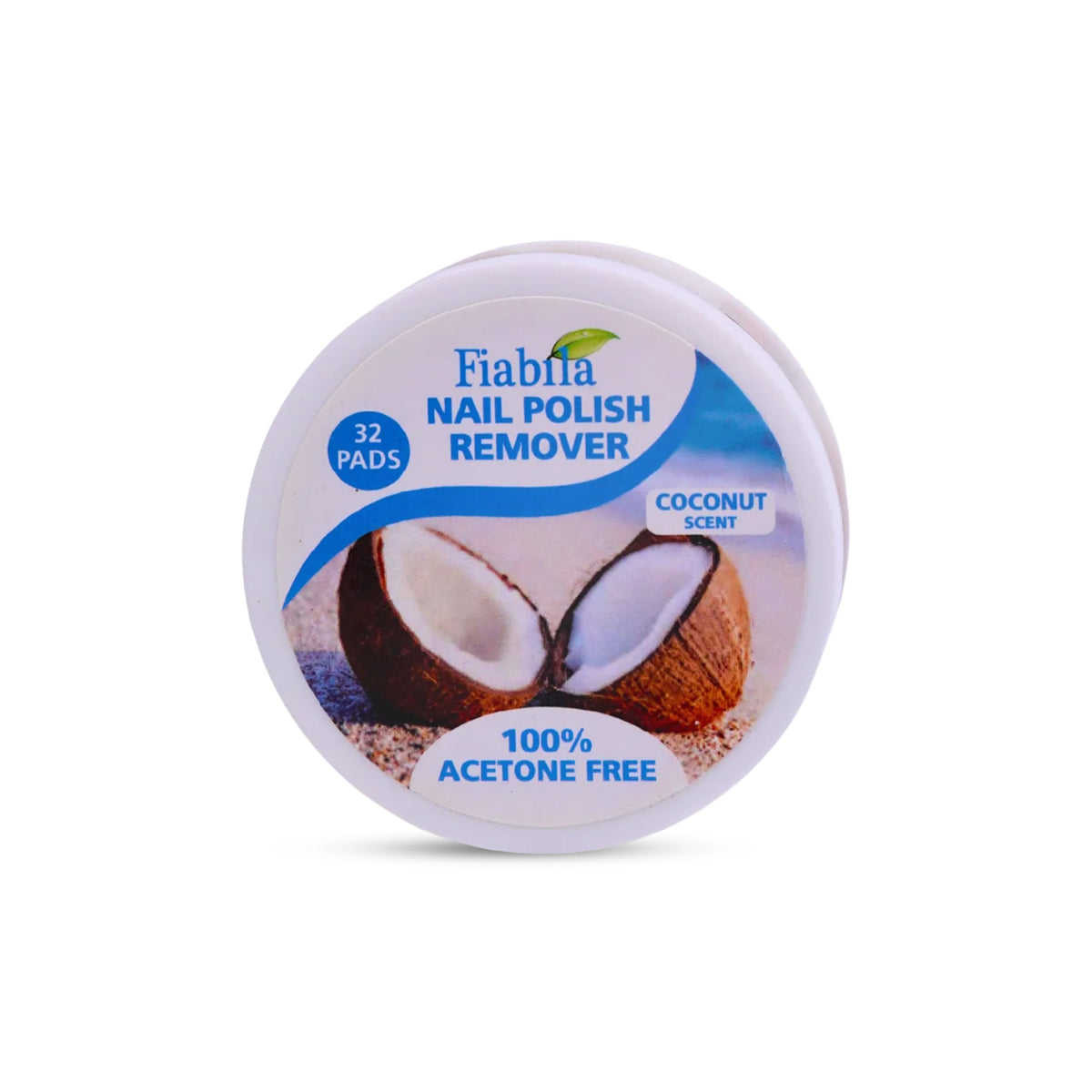 A round white plastic container of Fiabila Nail Polish Remover in Coconut Scent, featuring a label with a coconut graphic and text indicating 32 pads and acetone-free formula.