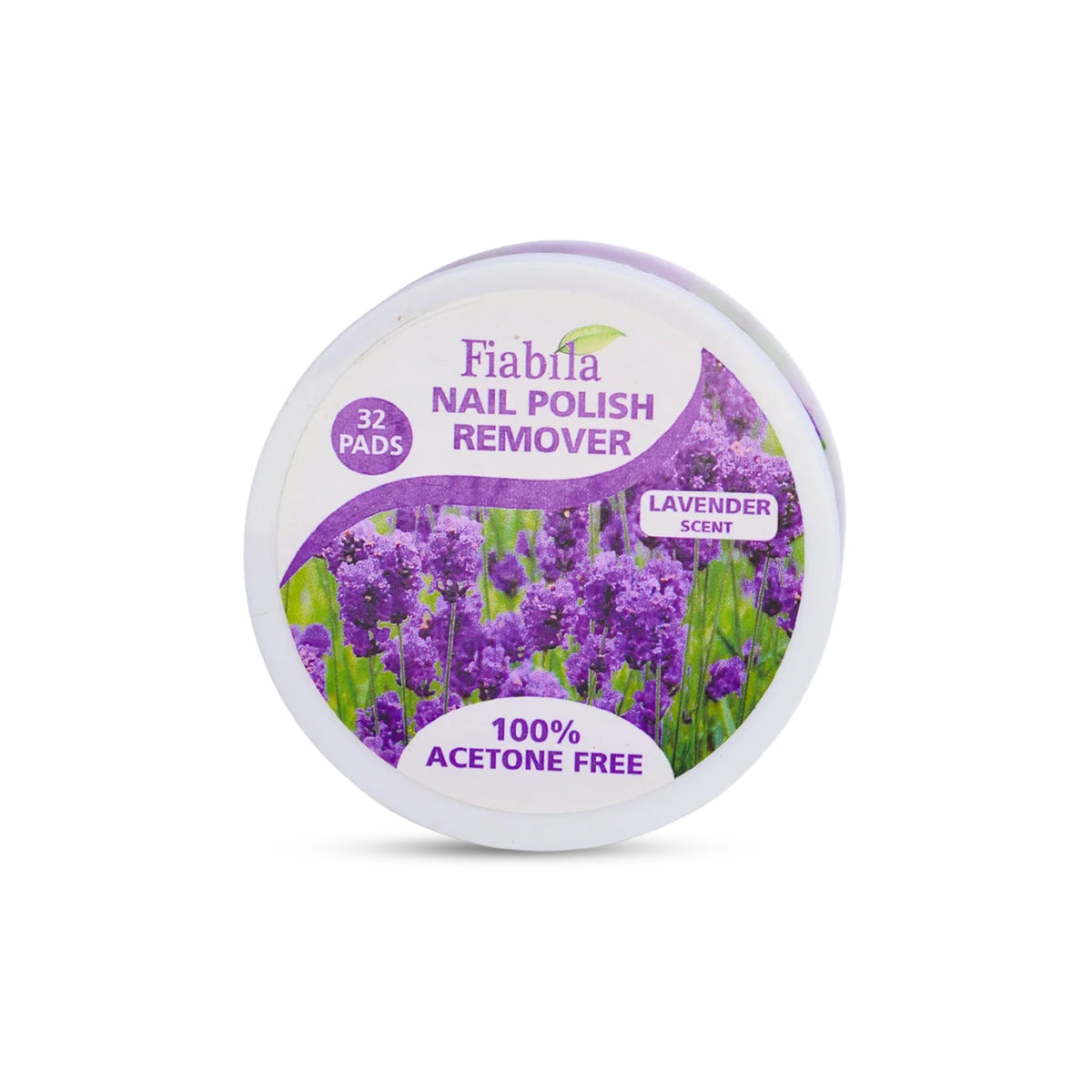 A round container of Fiabila Nail Polish Remover in Lavender Scent, featuring a purple lavender flower design on the label, set against a plain white background.