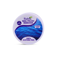 A round white plastic container of Fiabita Nail Polish Remover with an ocean-themed blue label, on a clean white background.