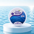 A round container of Fiabfla Nail Polish Remover with an ocean-themed blue label, displayed on a white cylindrical pedestal over a blue water background.