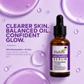 Fiabila Niacinamide + 1% Zinc serum in an amber glass dropper bottle, set against a lavender purple background with water droplets and promotional text.