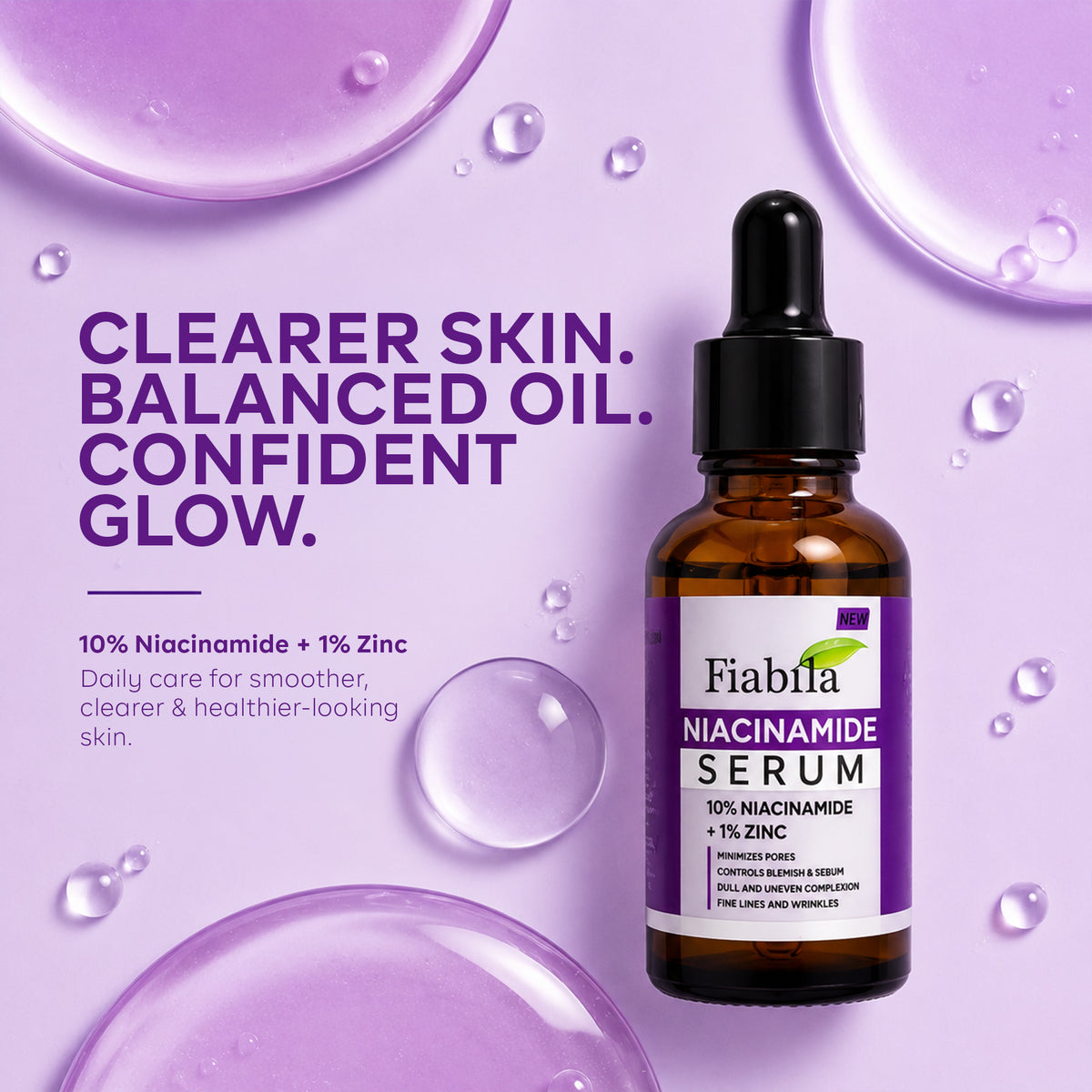 Fiabila Niacinamide + 1% Zinc serum in an amber glass dropper bottle, set against a lavender purple background with water droplets and promotional text.