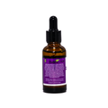 An amber glass dropper bottle with a black cap and a purple label, shown against a plain white background. The label features the brand name 'Bibbim' in white and a green leaf logo.