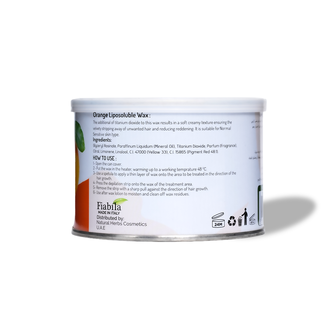 Can of orange liposoluble wax with label on a white background