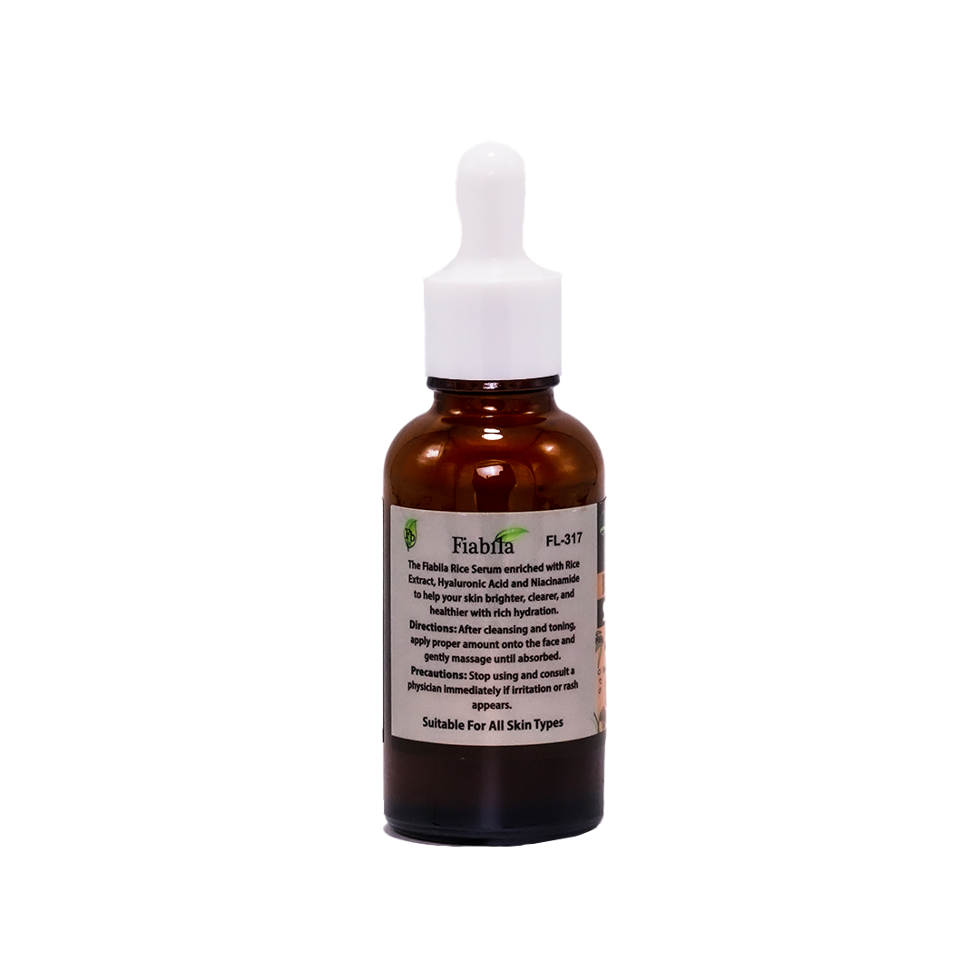 An amber glass dropper bottle of Fiabfa PL-317 facial rose oil with a white dropper cap and a white product label, shown on a plain white background.