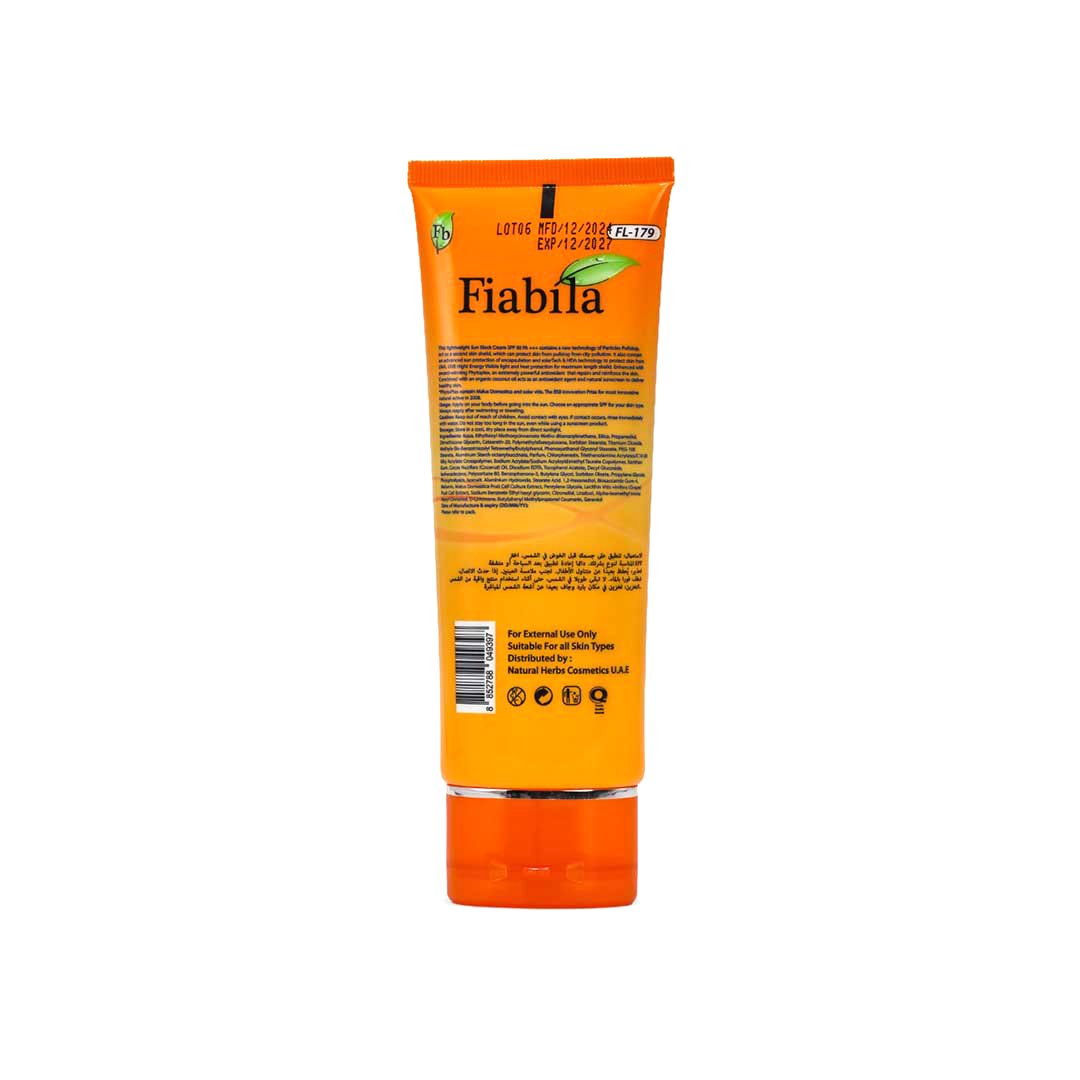 Fiabila brand orange-colored shampoo bottle shown from the back, featuring product details, barcode, and warning text on a solid white background.