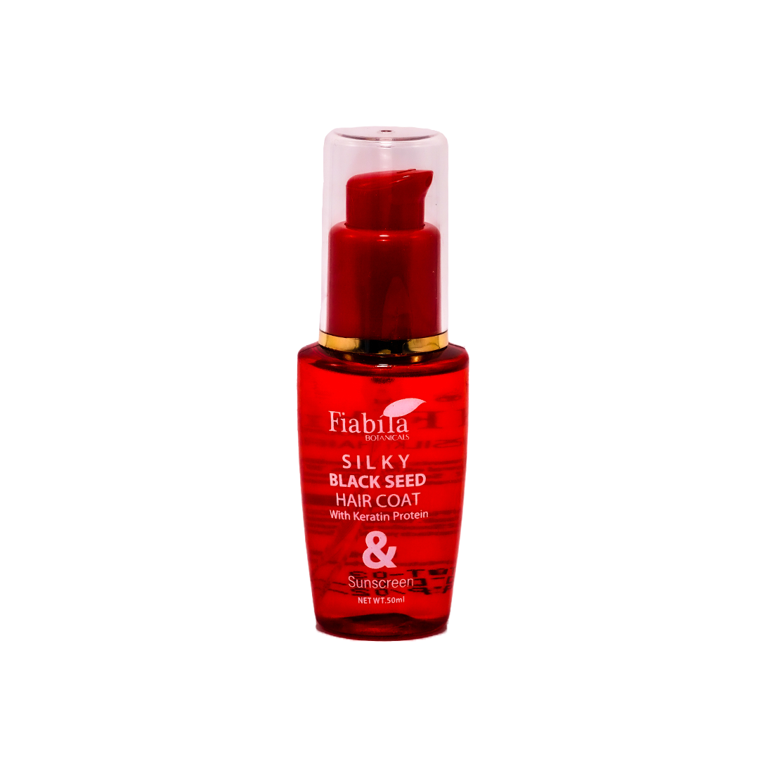 Fiabila Silkies Silky Black Seed Hair Coat in a red pump bottle with a clear cap, shown on a plain white background.