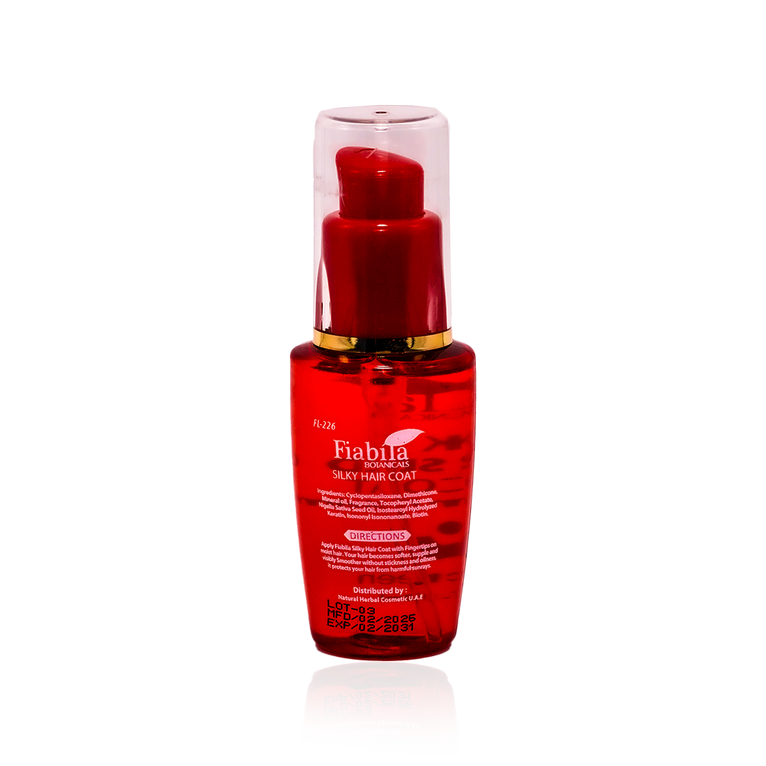 Fiabila Red-Red Silky Hair Coat in a red pump bottle with a gold collar and clear cap, shown on a white background with a reflection.