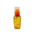 A bottle of Morphe Skin Science Clear Liquid Sunscreen with a transparent cap, orange pump, and golden-yellow liquid inside, shown on a plain white background.