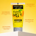 Fiabila WG Water-Gloss Super Hard Hair Styling Gel in a yellow squeeze tube with a white cap, set against a bright yellow background with promotional text overlays.
