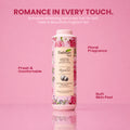 Fiabian Romance Whitening Perfumed Talc bottle with pink floral graphics, set against a solid pink background with promotional text overlays.