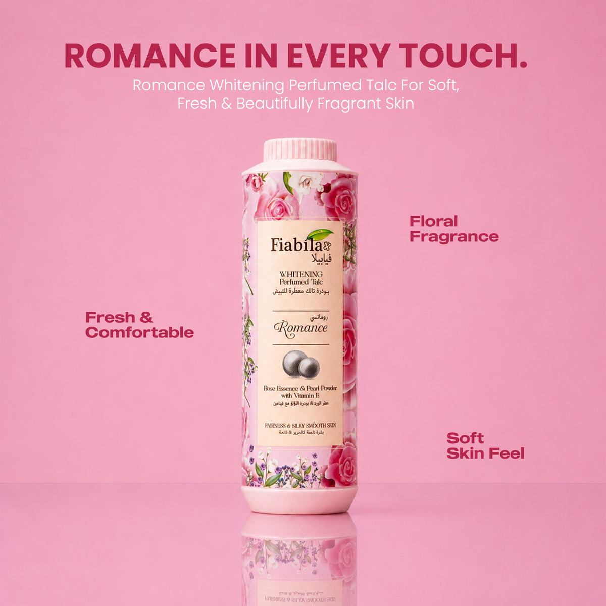 Fiabian Romance Whitening Perfumed Talc bottle with pink floral graphics, set against a solid pink background with promotional text overlays.