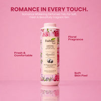 Fiabian Romance Whitening Perfumed Talc bottle with pink floral graphics, set against a solid pink background with promotional text overlays.