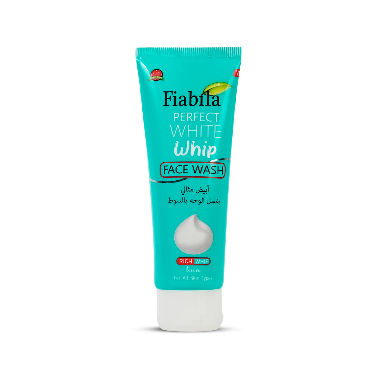 A tube of Fiabilla Perfect White Whip Face Wash on a clean white background. The packaging is a bright turquoise blue with white and black text, featuring a graphic of a white foaming bubble near the bottom and a small green leaf illustration at the top.
