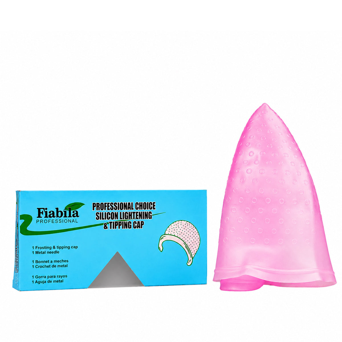 Fiabla Professional silicone lightning and tipping cap shown next to its blue retail box on a white background.