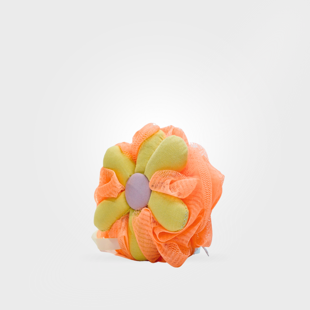 Floral hair clip with orange and green petals on a white background