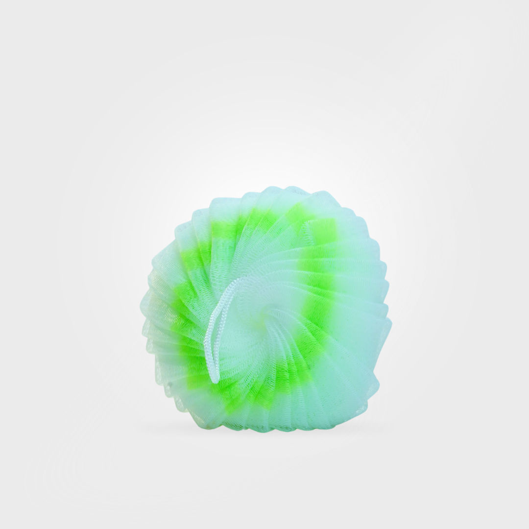 Green and blue spherical object on a white background
