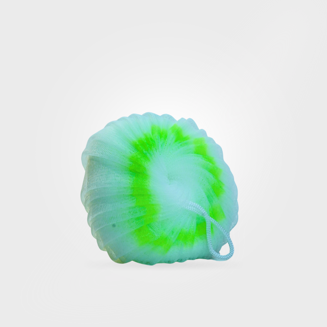 Green and white bath pouf on a light gray background