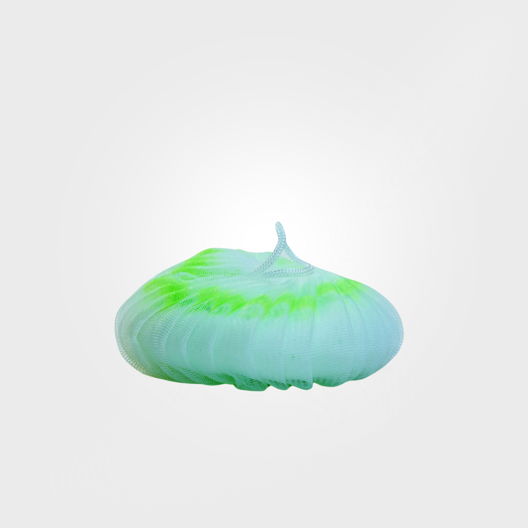 Green and blue jelly-like object on a white background